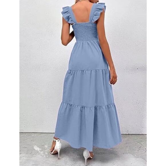 Smocked Sundress Womens Small Blue High Waisted Cottage Fairy Milkmaid - Picture 2 of 9